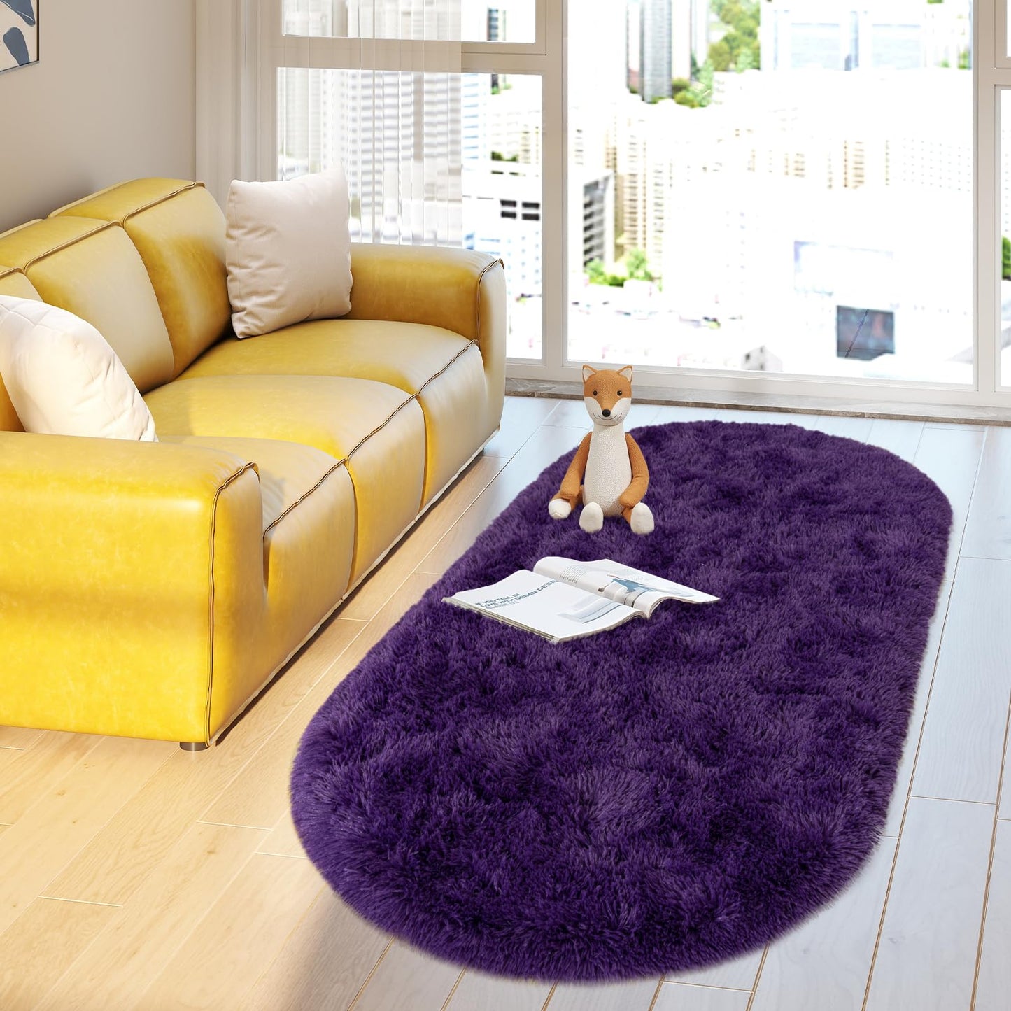 Soft Fluffy Area Rug for Bedroom, Purple Fuzzy Shaggy Oval Throw Rugs for Bedside, Non-Slip Cozy Plush Shag Carpet for Girls Kids Room Nursery Dorm Living Room, 2.6 x 5.3 Feet
