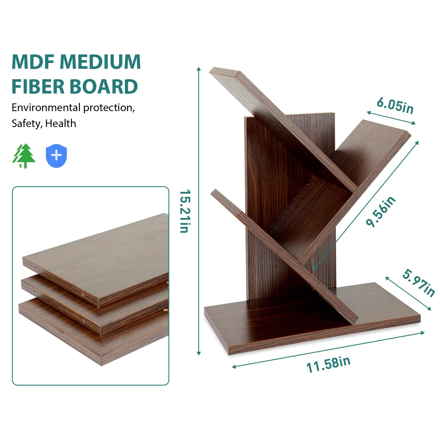 ZRWD Tree Bookshelf, 3-Tier Small Book Storage Organizer Shelves Floor Standing Bookcase, Wood Storage Rack for Office Home School Shelf Display for Cd/Magazine(Dark Walnut )