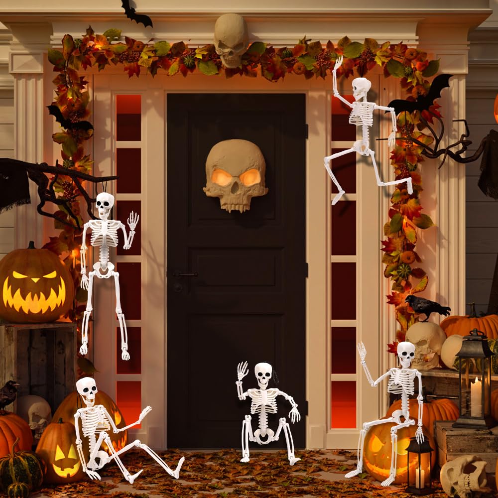 XIMISHOP 5pcs Halloween Skeleton Decoration, 16" Full Body Posable Hanging Skeleton with Movable Joints for Graveyard Haunted House Indoor Outdoor, White
