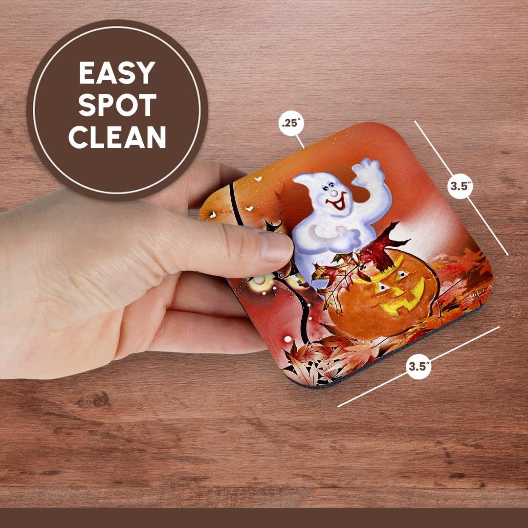 3dRose CST_4421_1 Halloween Ghost and Pumpkin Soft Coasters, Set of 4
