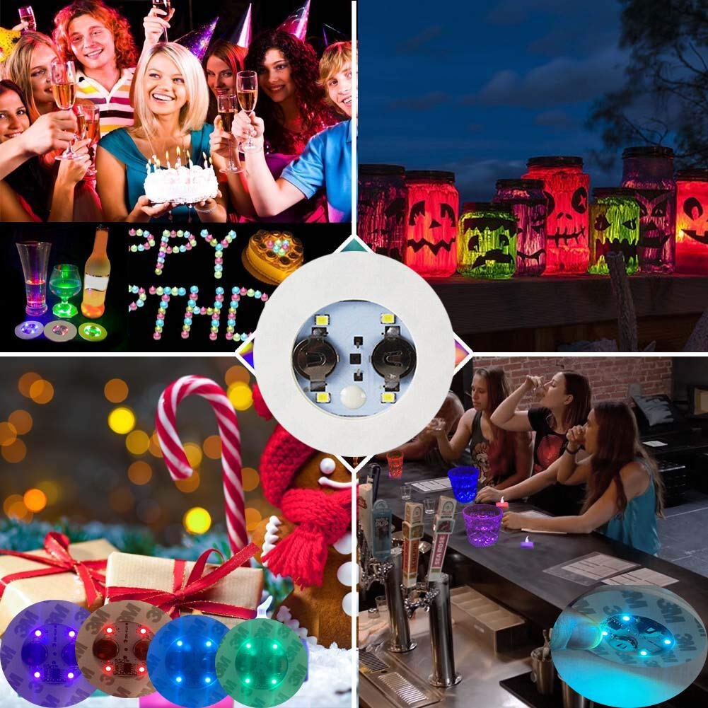 LOGUIDE LED Coaster Discs,12 Pack Light Up Coasters,7Colors RGB LED Bottle Lights,Bottle Glorifier, LED Sticker Coaster Discs Light Up for Drinks, Flashing Shotb Light (Multicolor)
