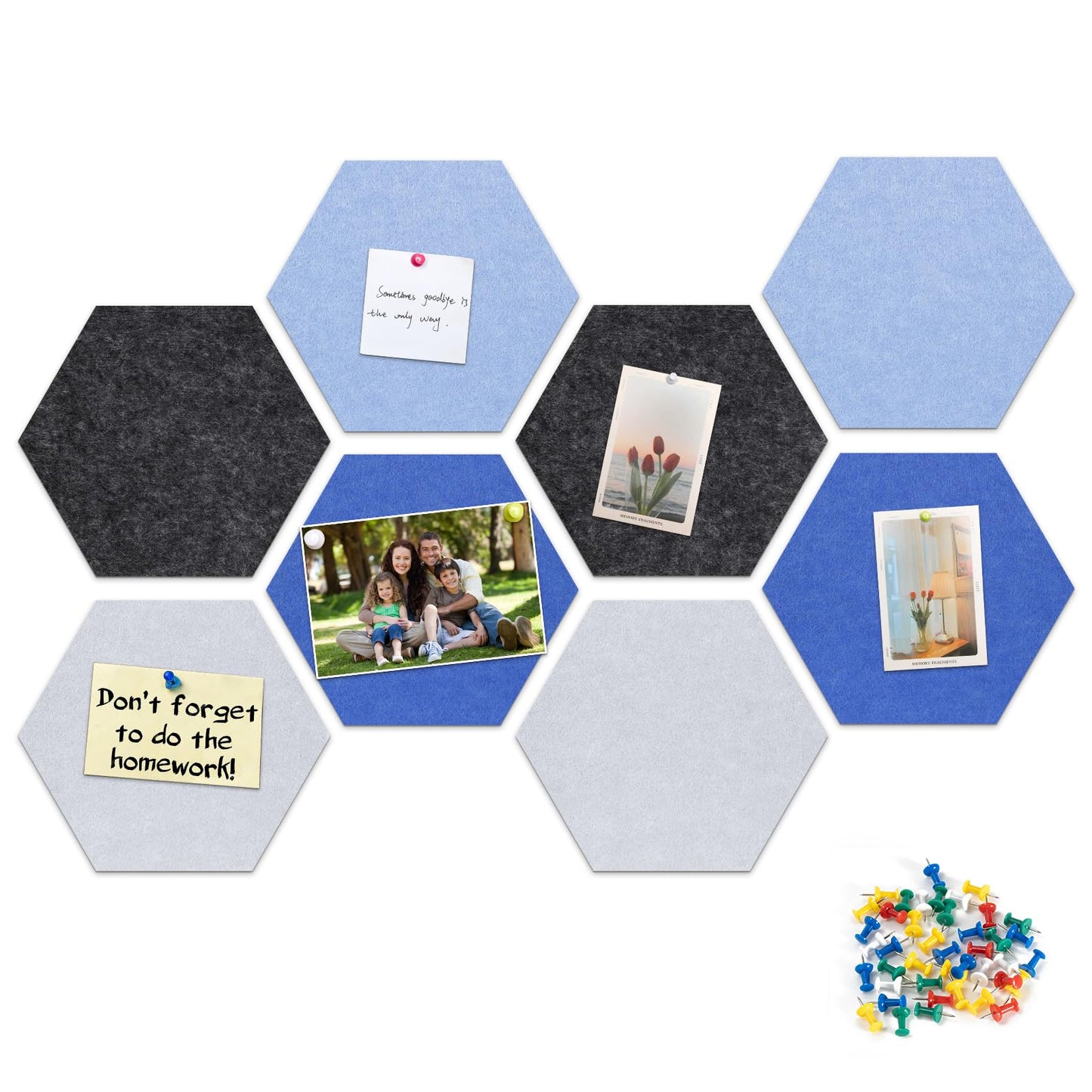 Uoisaiko 8 Pack Hexagon Felt Bulletin Board Tiles - 12" Large Thick Pin Board for Walls with 30 Push Pins, DIY Boards for Office Home School Decor, Aesthetic Hex Cork Board Alternative
