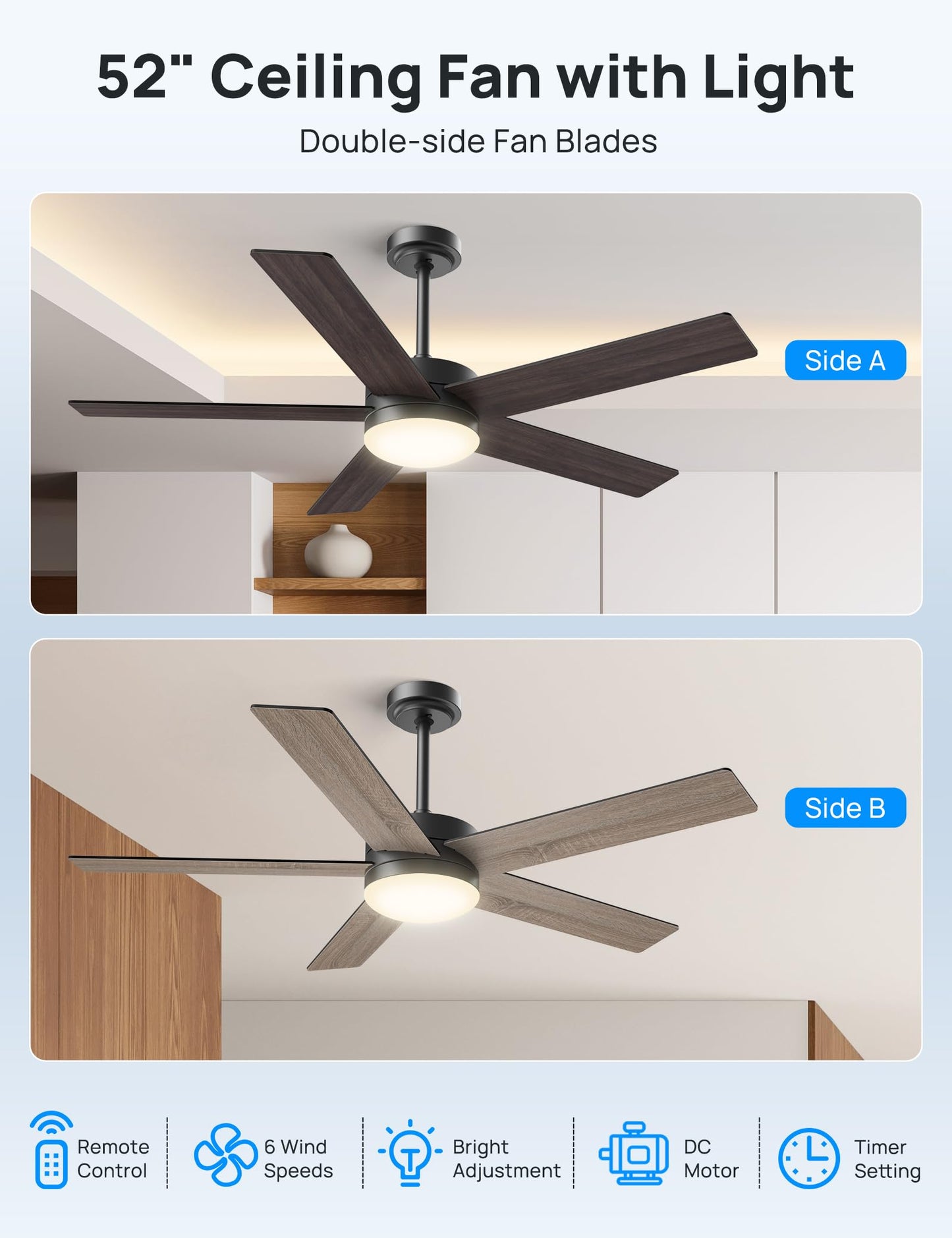 VanBoLon Ceiling Fans with Lights 52 Inch Outdoor, Ceiling Fan with Remote Control & Light, 52" Ceiling Fan Flush Mount with Dimmable LED DC Reversible Motor for Bedroom, Living Room, Patios