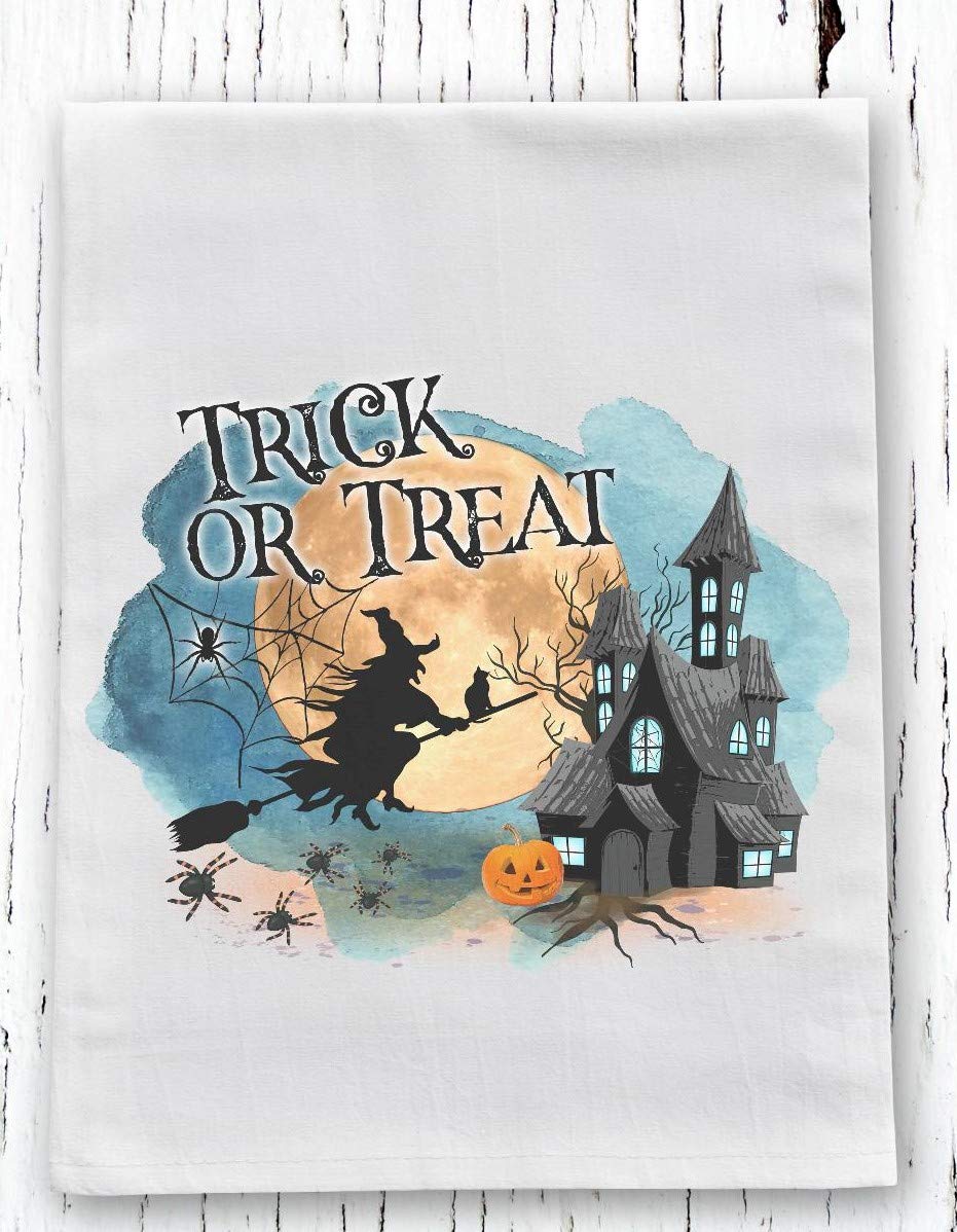 Halloween Kitchen Dish Towel - Flour Sack Towel - Trick or Treat Witch on Broom