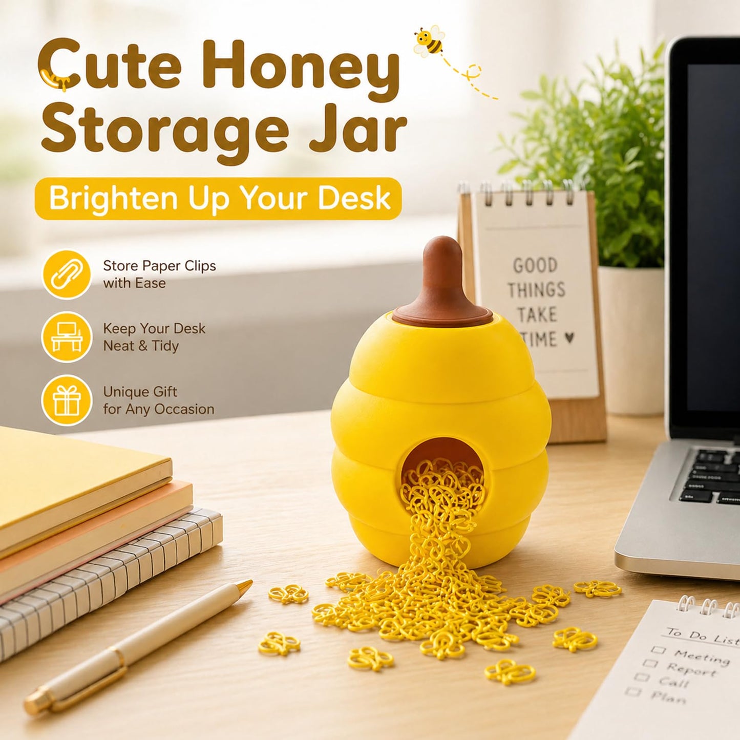 Ropassor Cute Bee Paper Clips with Honey Jar Holder(50PCS), Aesthetic Desk Decor, Paper Clip Holder Organizer, Novelty Office Supplies for Women, School Desk Accessories, Gift Idea