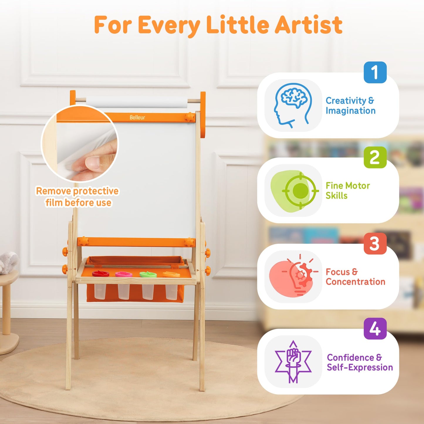 Belleur All-in-One Art Easel for Kids, Adjustable Double Sided Easel for Toddlers with Magnetic Whiteboard & Dry-Erase Chalk Board & Paper Roll, Child Painting Easel for Kid 2-8 Birthday Gift-Orange