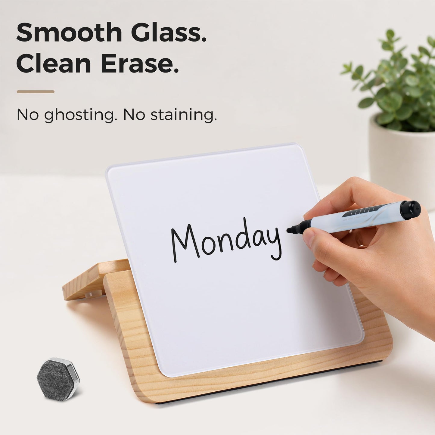 TOWON Glass Desktop Whiteboard with Solid Wood Stand - Foldable Mini Dry Erase Board for Desk - 2-in-1 Tabletop & Hanging Memo Board for Office Decor, Magnetic, White and Square