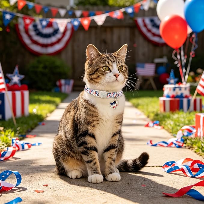2 Pack Independence Kitten Collar Breakaway with Bell, Adjustable Safety Striped Star Flag Cat Cotton Collar for Girl Boy Cat and Small Pet,Adjustable Kitten Collar 7-12 Inch