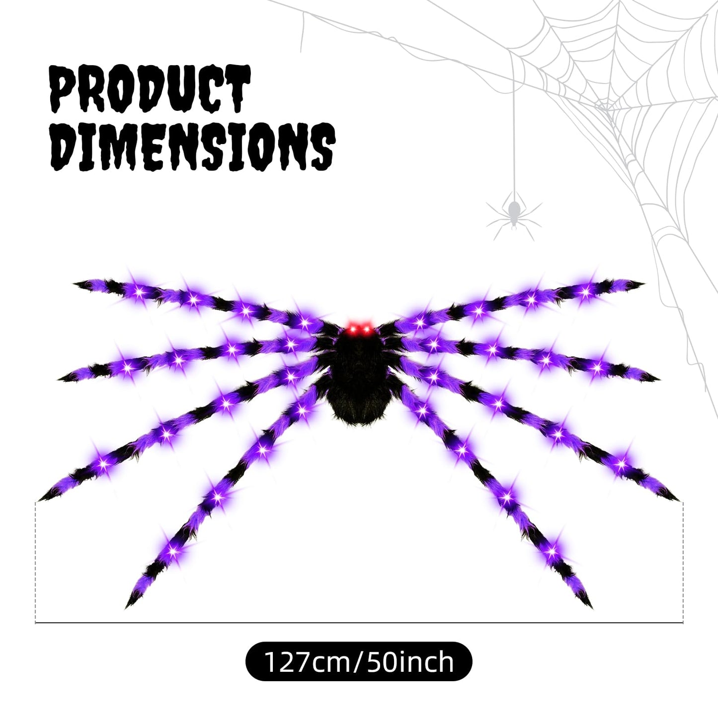 2 Pack 50" Halloween Light Up Spiders, Giant Hairy Spider Decorations with Blue and Purple LED Lights, Scary Indoor Outdoor Halloween Decor for Yard Porch Tree Party Haunted House