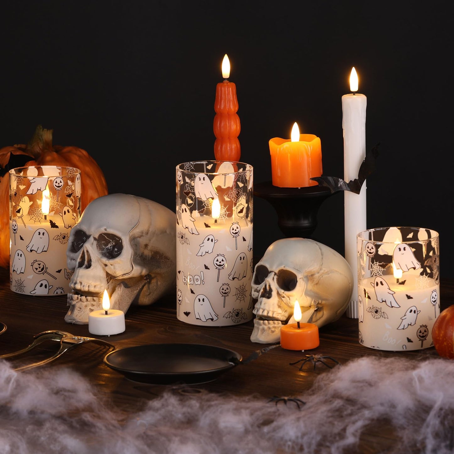 Girimax Glass Flameless Pillar Candles with Remote, Halloween Flickering LED Wax Candles Battery Powered Set of 3