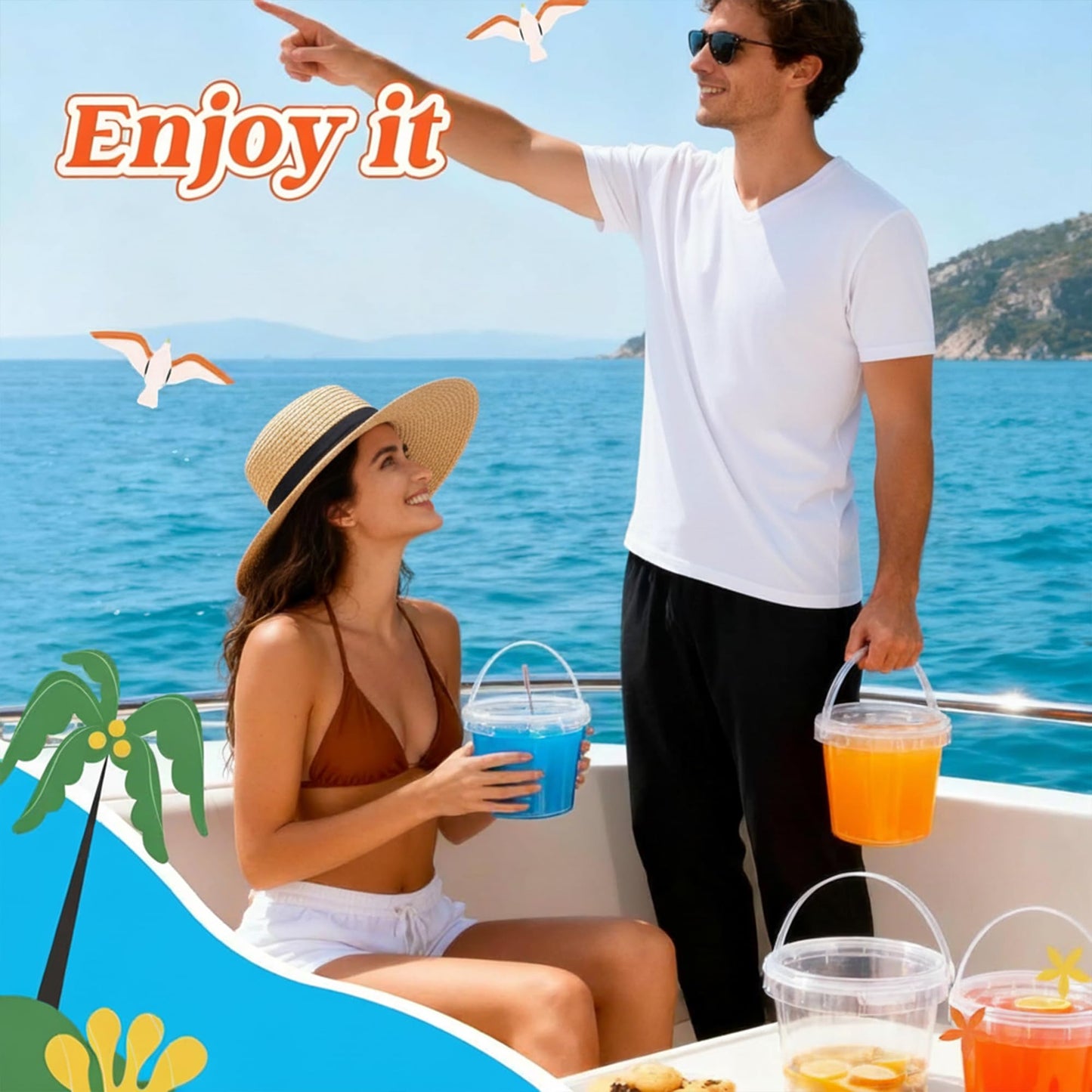 50 Sets 24 oz Clear Plastic Drink Buckets with Lids, Straws and Handles, PP Disposable Cups for Smoothies, Ice Cream, Outdoor Travel, Beach, Pool and Party Supplies