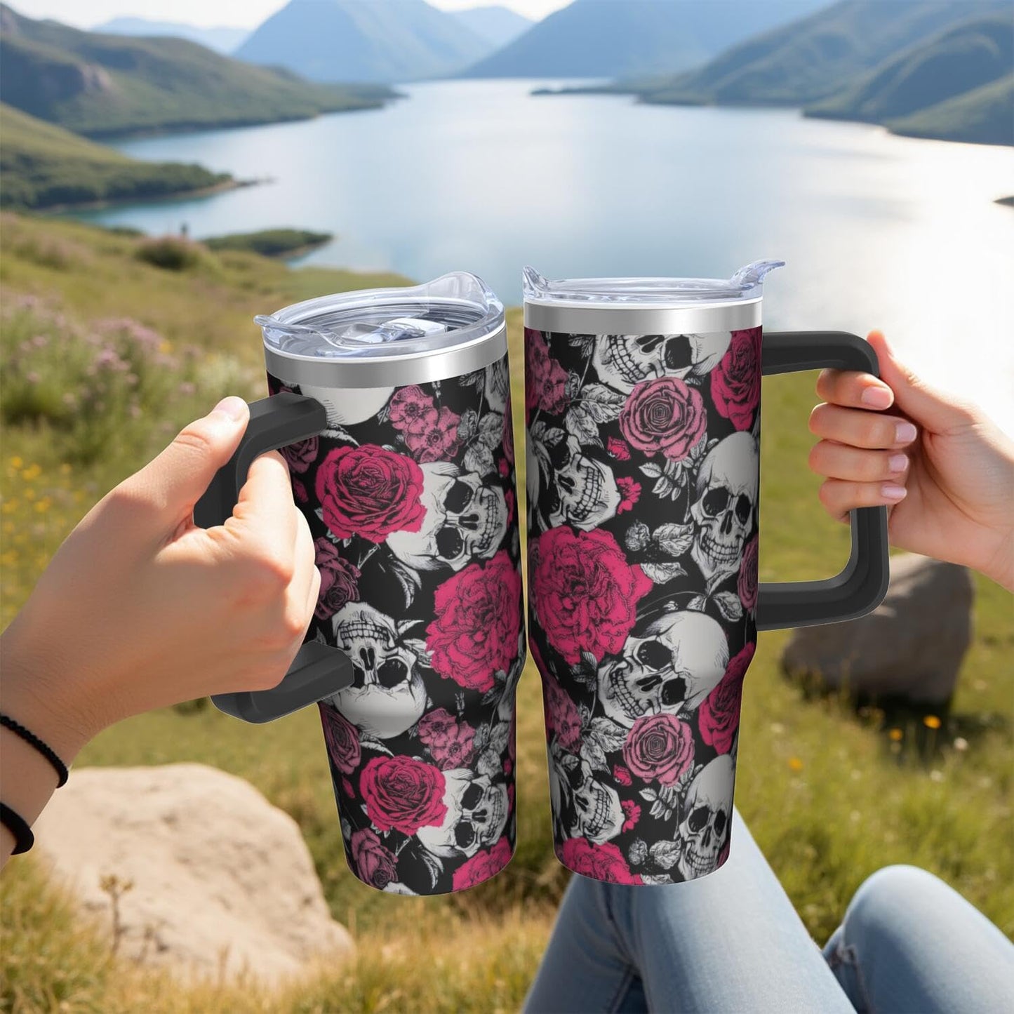 Kearscupra 30oz Skull Tumbler with Handle and Straw,Skeleton Gothic Floral Stainless Steel Insulated Cup with Lid and Straw,Travel Coffee Mug Water Bottle,Halloween Birthday Gifts for Women Men