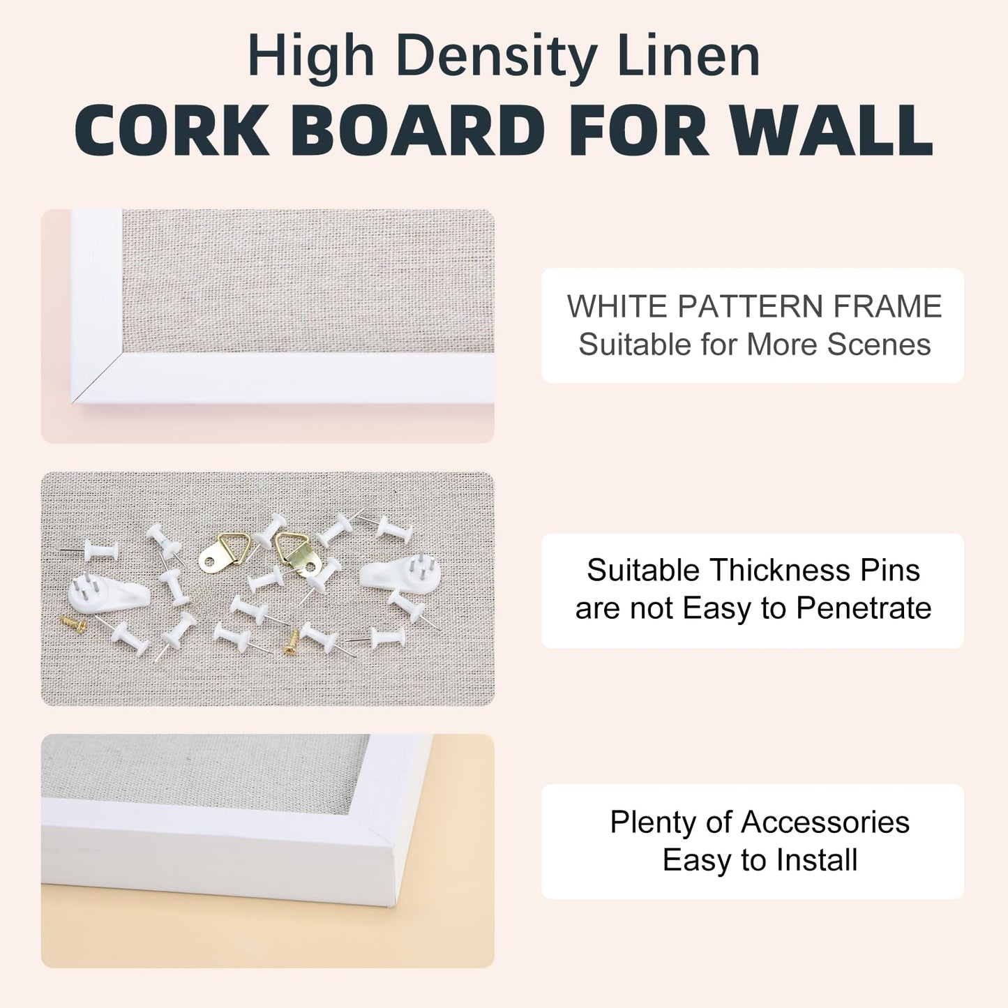 OWLKELA 20'' x 30'' Linen Bulletin Board, White Framed Corkboard, White Oak Frame Linen Cork Board, Vision Board and Decorative Hanging Pin Board