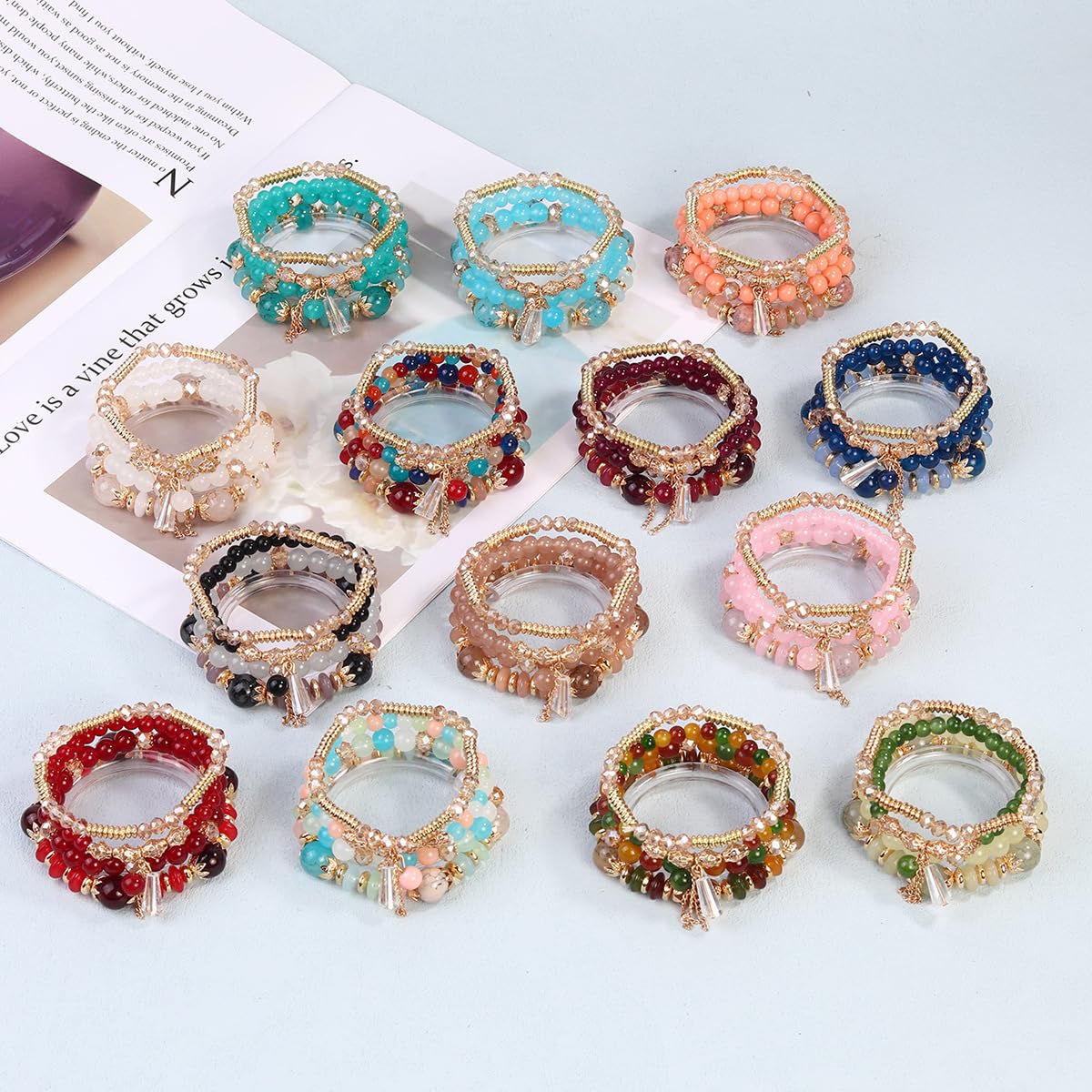 LOTSOF Bohemian Green Jade Stackable Bracelet Set - 4-Layer Stretch Beaded Bracelets with Gold Accents, Boho Jewelry for Women, Fashion Statement Accessory (Gift Ready) (Red)