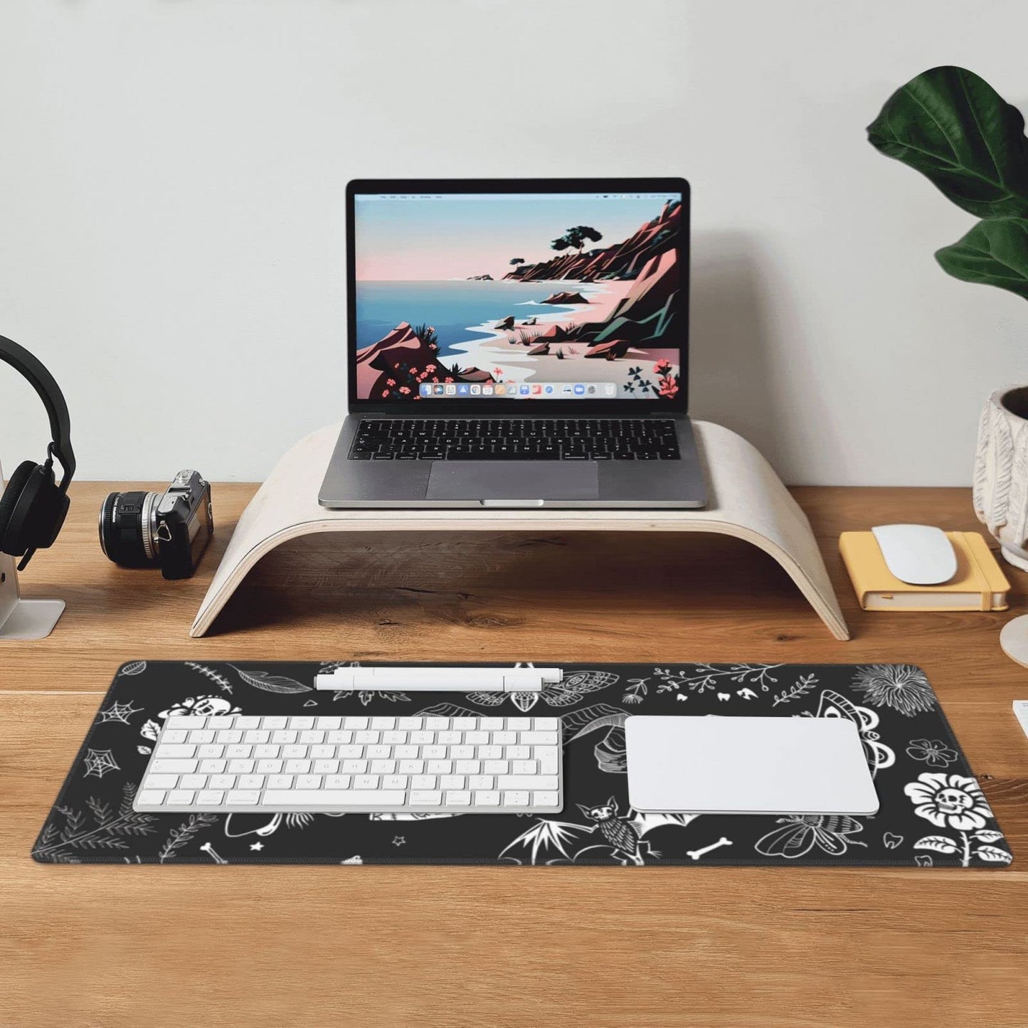 Witch Skeleton Goat Gaming Mouse Pad XL Black and White Large Extended Non Slip Rubber Base Desk Mat Stitched Edge Keyboard Mat 31.5x11.8 Inch
