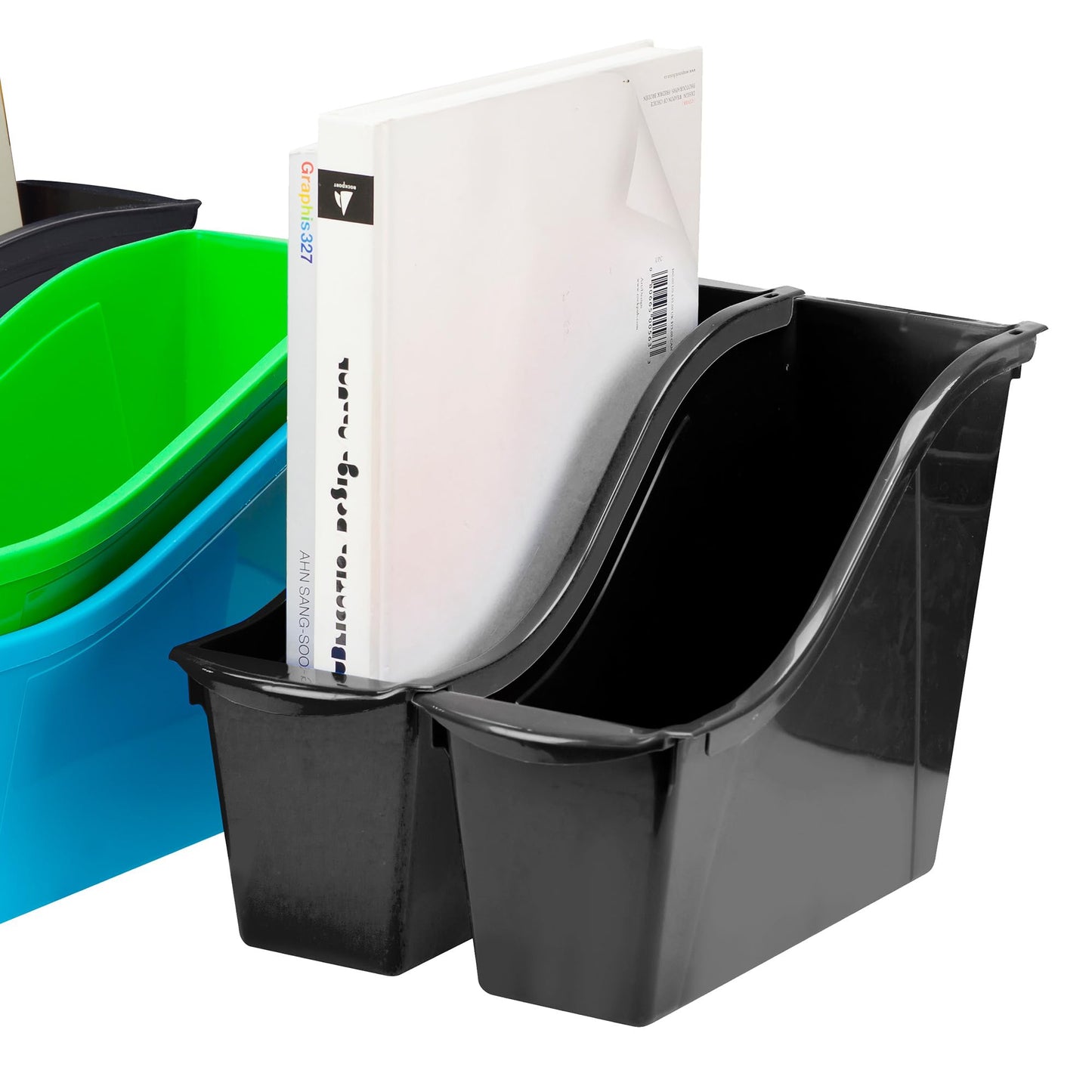 Storex Small Book Bin - Interlocking Plastic Organizer for Home, Office, and Work Space - Black, 6-Pack (70123E06C)