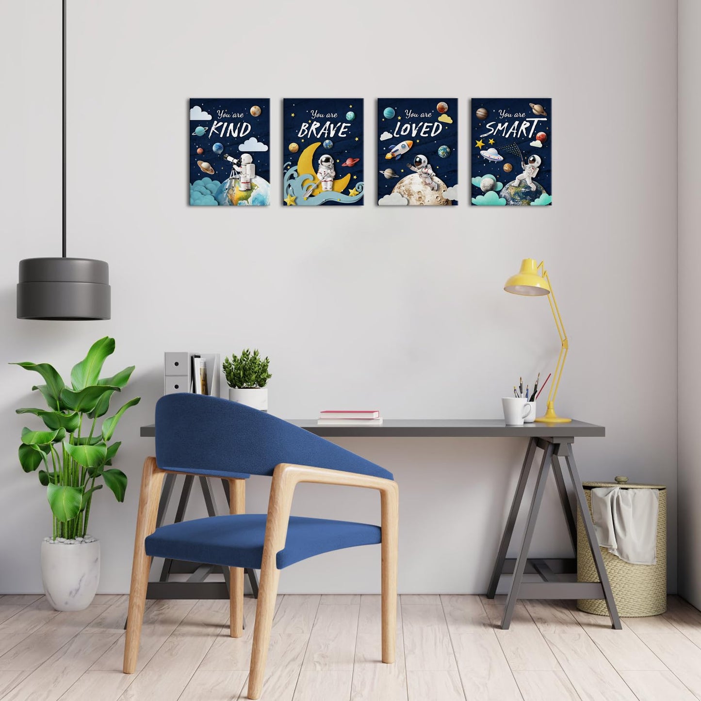 LoveHouse Space Wall Art Astronaut Kids Room Wall Decor Inspirational Quotes Canvas Prints Cosmic Painting for Nursery Classroom (Deep Blue)