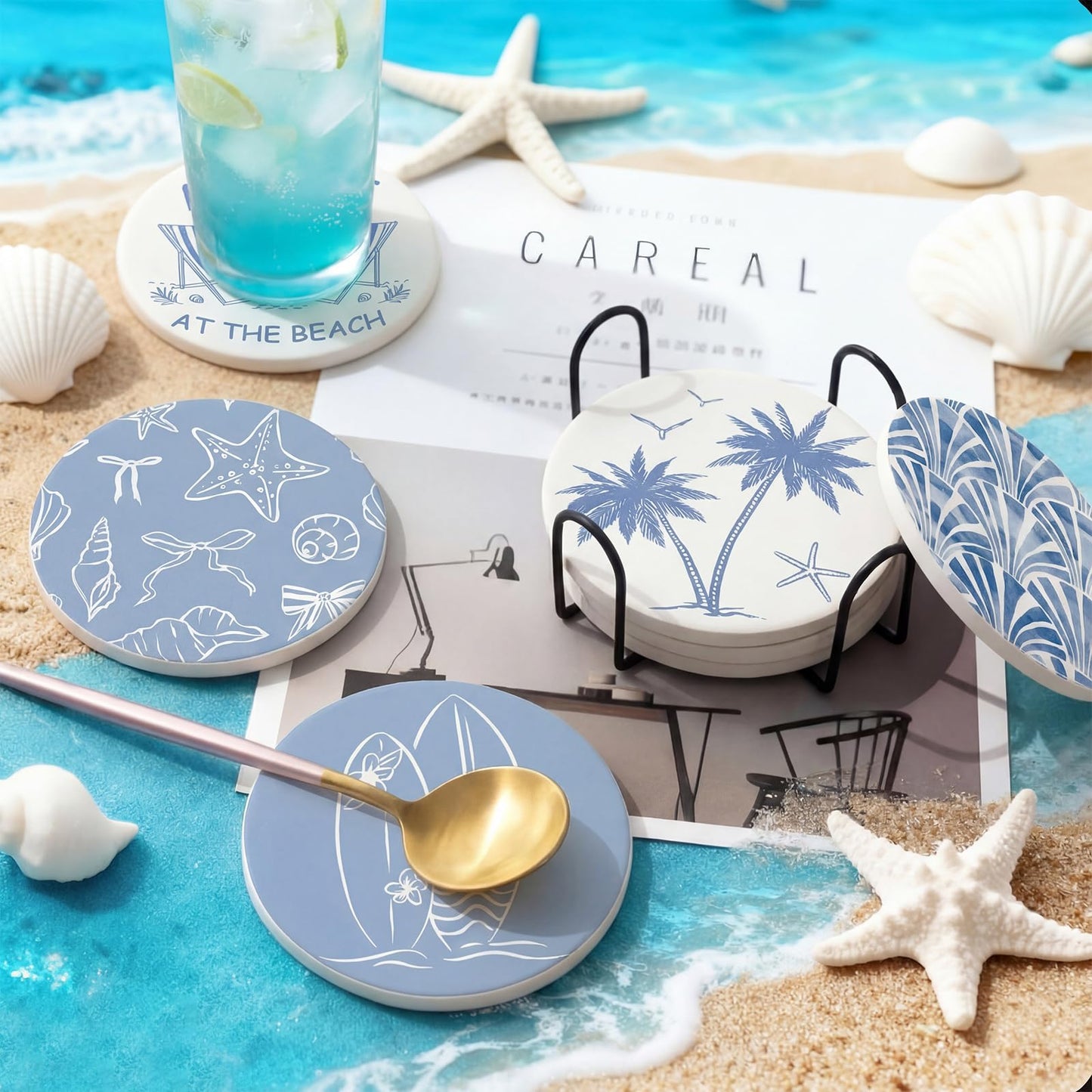 Rtteri Coastal Coasters for Drinks Set of 8 Blue Ocean Beach Starfish Shells Absorbent Ceramic Coaster with Cork Base and Metal Holder for Coastal Coffee Table Beach House Decoration Housewarming Gift