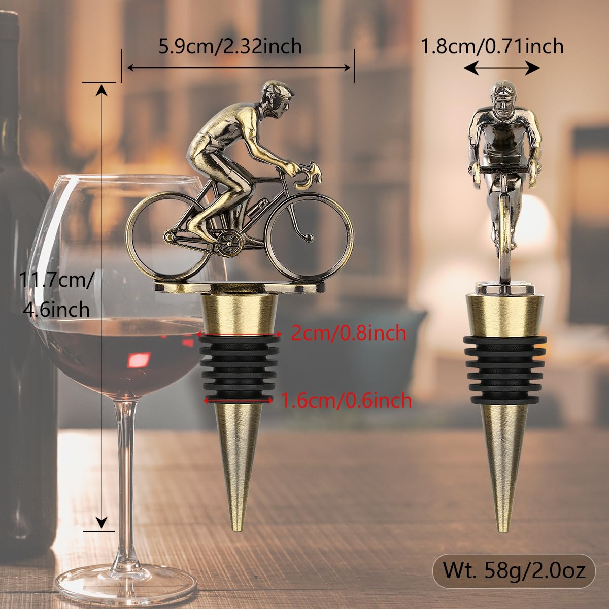LULLEA Cycling Wine Bottle Stopper, Bicycle Gifts Cyclist Gifts Wine Gifts for Father's Day, Christmas, Birthday, Bronze Bottle Stopper for Wine and Champagne with Bag