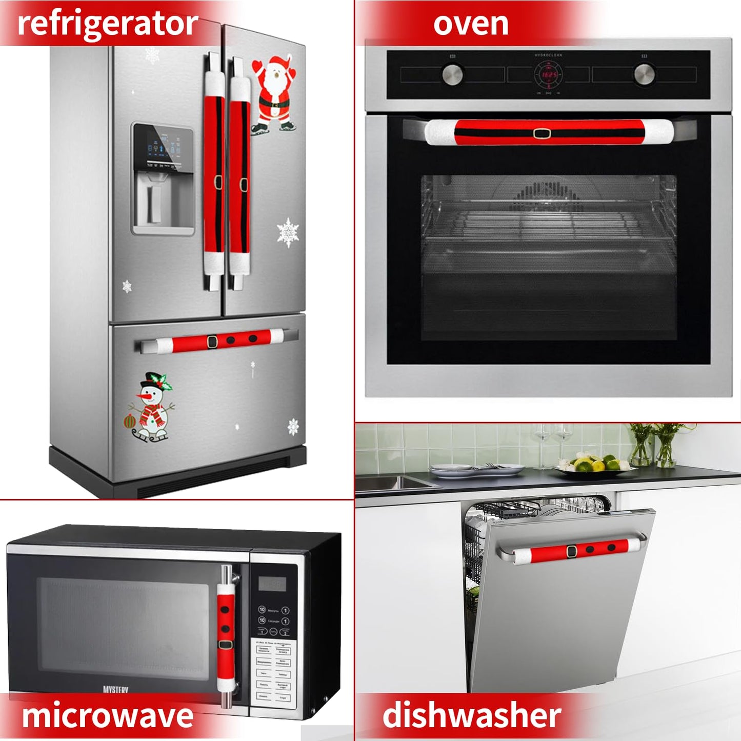 YIJXPOIN 4 Pieces Christmas Refrigerator Handle Covers Santa Belts Kitchen Decorations Refrigerator Door Handle Covers for Christmas Fridge Microwave Oven Dishwasher Handle Protector