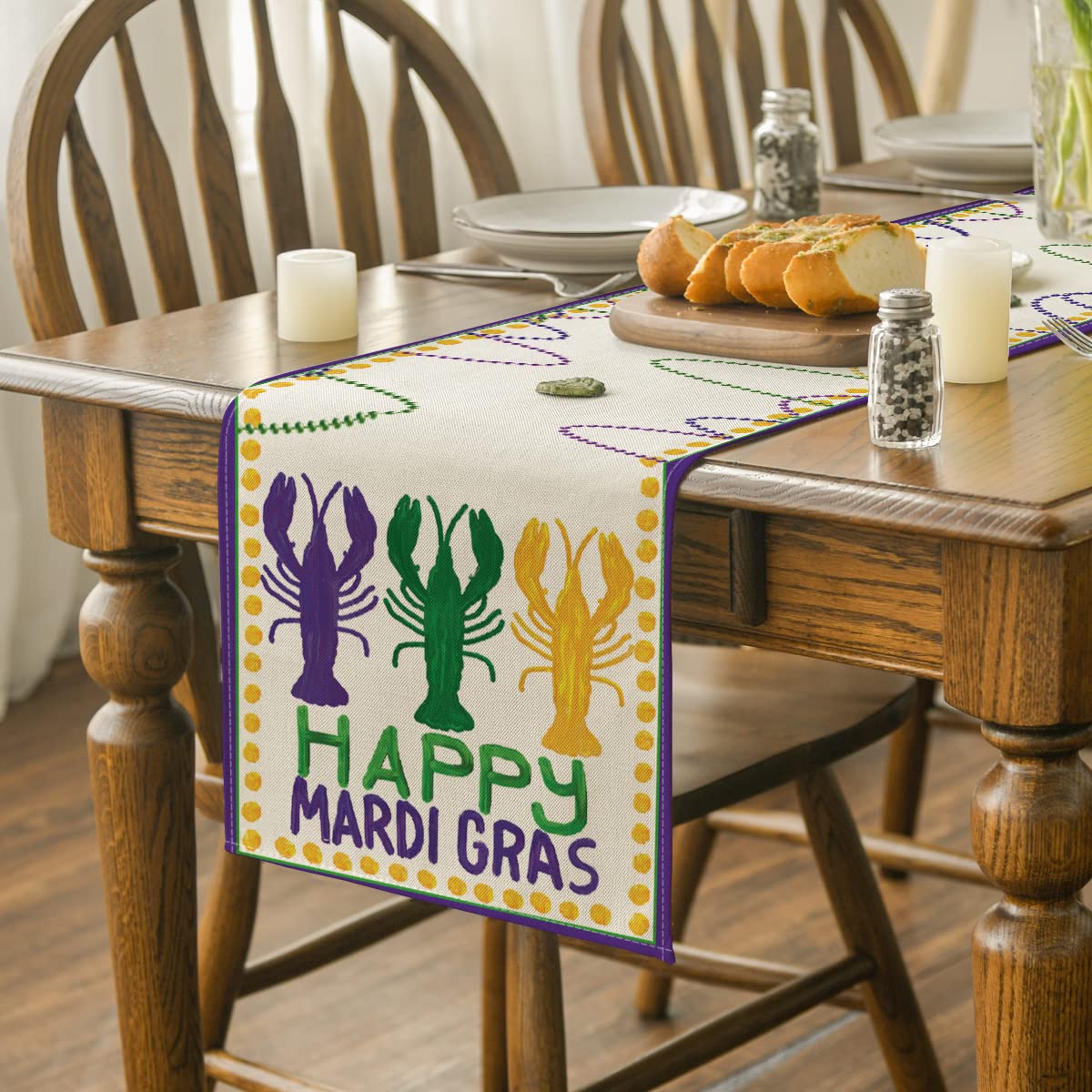 Artoid Mode Beads Happy Mardi Gras Carnival Table Runner, Seasonal Holiday Kitchen Dining Table Decoration for Indoor Outdoor Home Party Decor 13 x 90 Inch