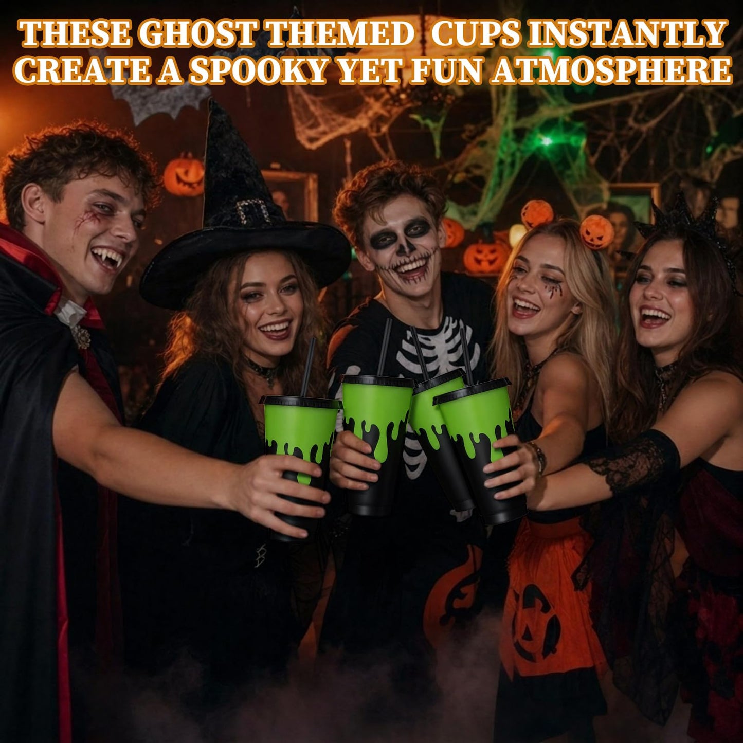Acellegic 12 Pcs Halloween Party Decorations Green and Black Plastic Gifts Cups with Lids and Straws Reusable 24 oz Ghost Plastic Tumblers Bulk for Halloween Birthday Party Favors Decoration Supplies