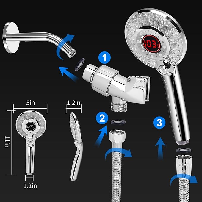 LED Shower Head Color Changing, Handheld Shower Head High Pressure with Hose, Water Saving Spray Showerheads, Discoloration Warning, Water Temperature Display, 3 Spray Modes, Easy to Install, Chrome