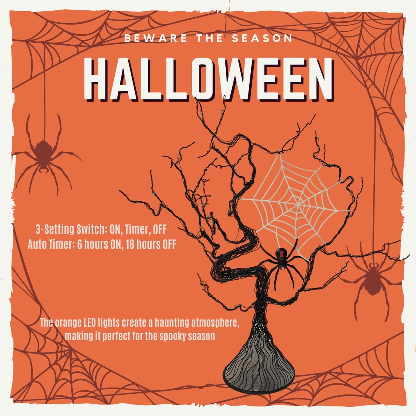 Haute Decor Halloween Tree with Spider - Lighted Black Metal Tree Halloween Centerpiece