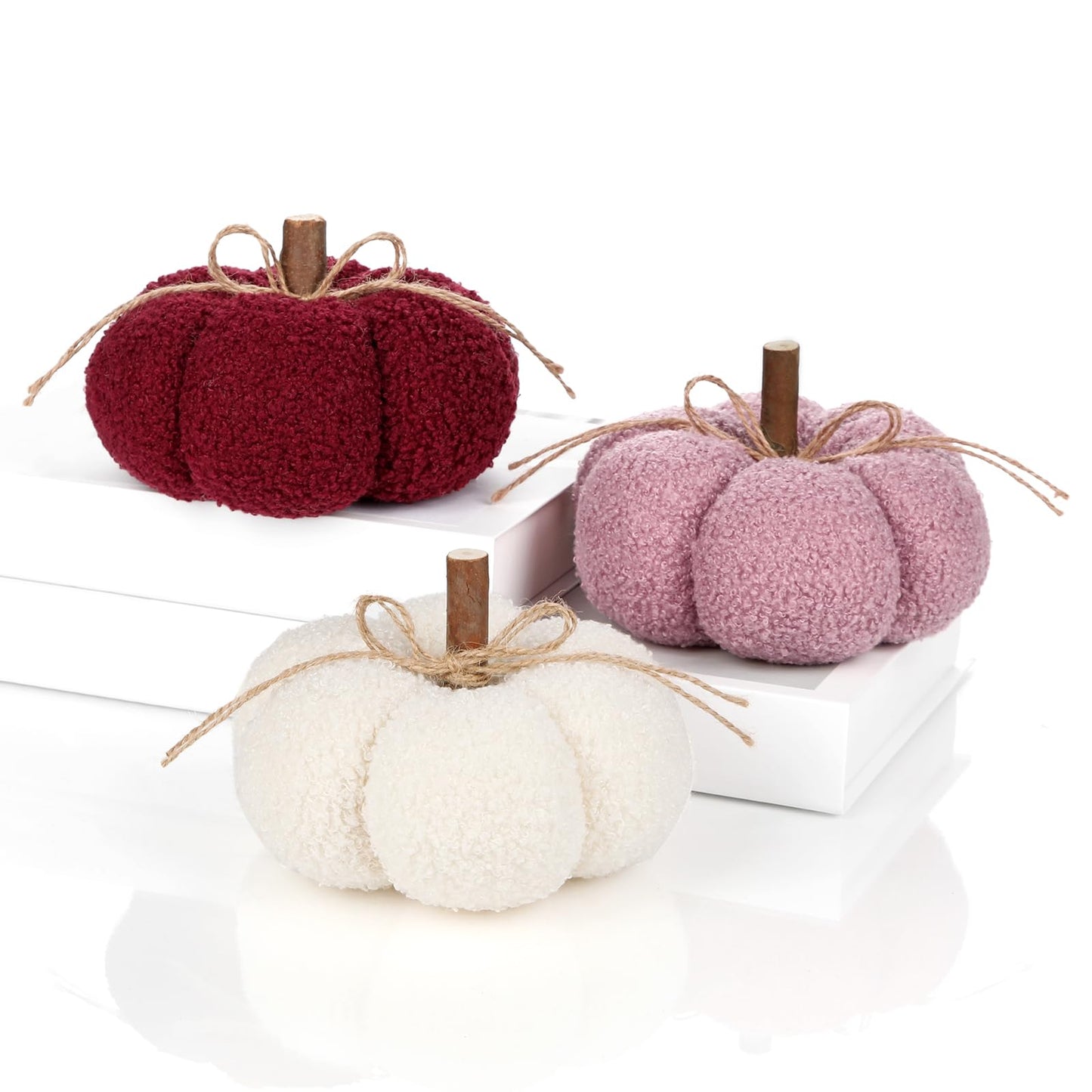 6" Fake Fall Pumpkin Decorations for Home, 3 Pcs Artificial Big Fabric Pumpkins Autumn Decor Faux Pumpkins for decorating, Fall Table Centerpiece Harvest Decor, Halloween Thanksgiving, Burgundy & Pink