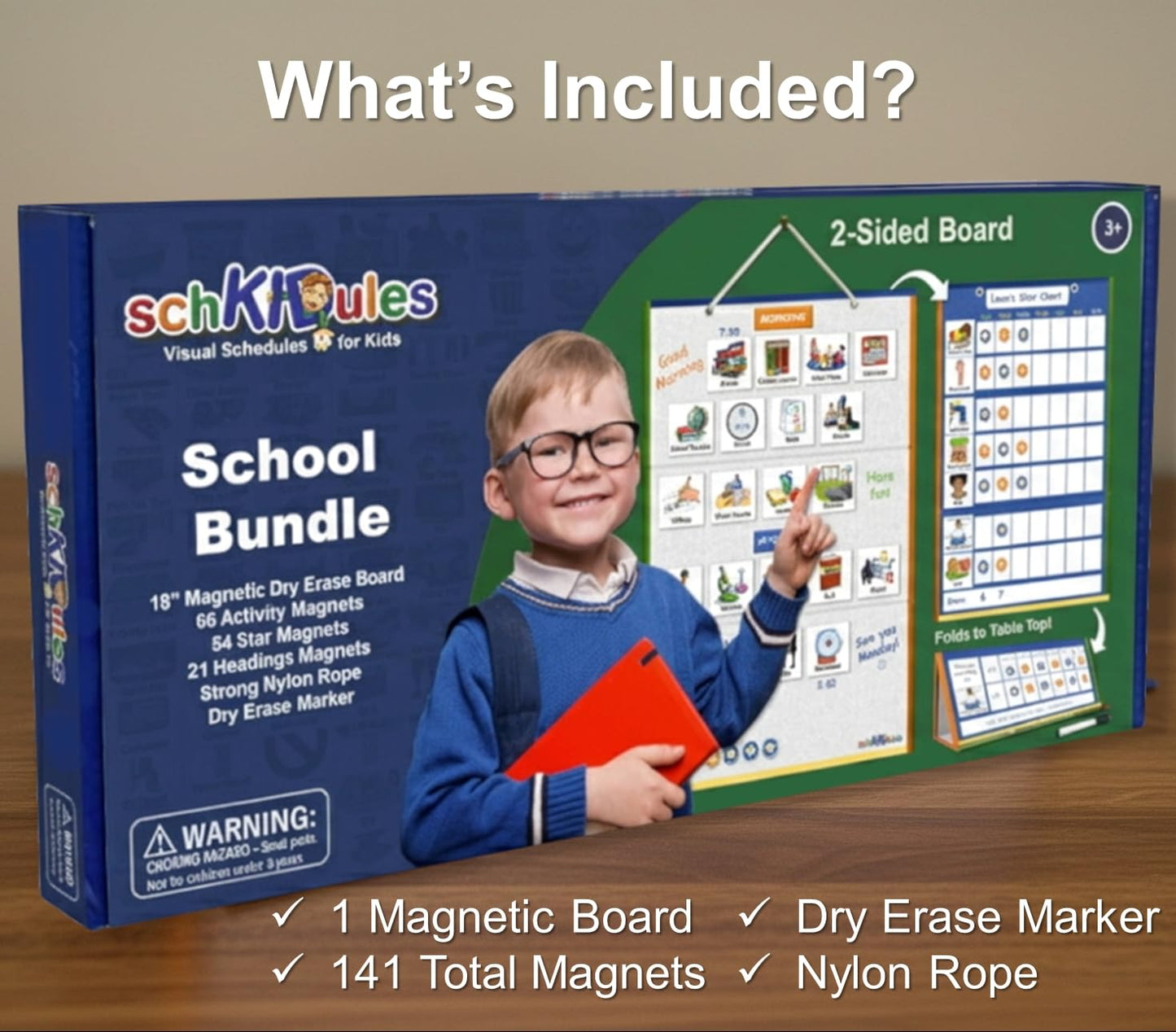 SchKIDules Magnetic Visual Schedule & Progress Chart for School; 2-Sided 18” Folding Board Plus 141 Magnets for Daily Routines, Positive Behavioral Supports, Special Ed, Preschool, ADHD & Autism