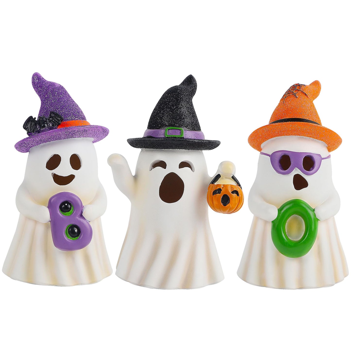 Lulu Home 3 Packs Halloween Tabletop Ornaments, 5.5" H Light Up Resin Ghosts Wearing Glittered Witch Hats, Boo Ghost Figurines for Indoor Fireplace Kitchen Shelf Holiday Decorations