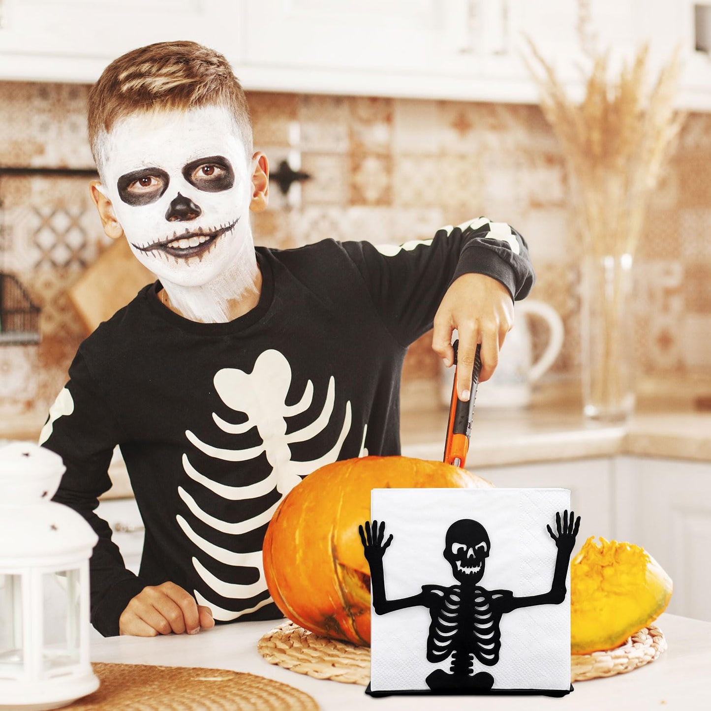 FYSUIMU Halloween Skeleton Napkin Holder Matte Black Metal Freestanding Tissue Dispenser Vertical Tabletop Decor Napkin Holder for Party Home Kitchen Restaurant Picnic