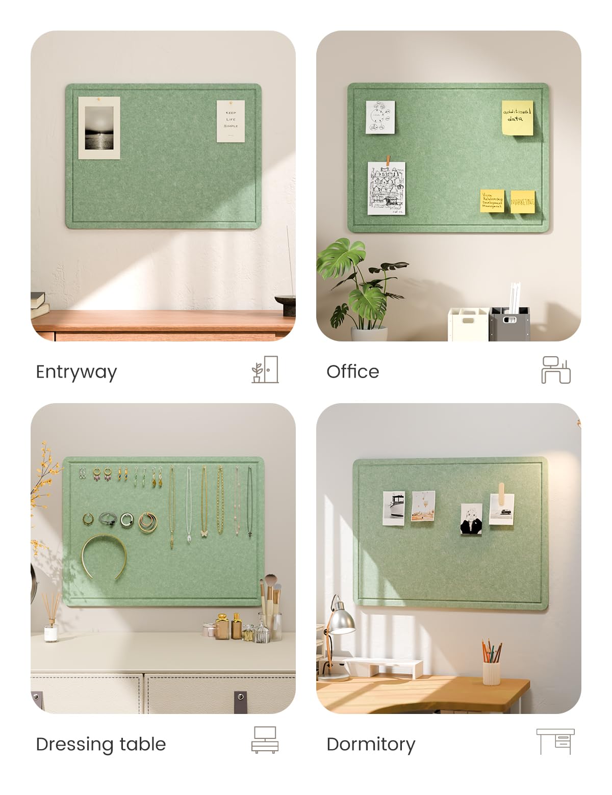 Fluxynara Bulletin Board, 23.6" x 17.5" Cork Board Alternative with 12 Safe Removable Adhesive Tabs, Foldable Felt Pin Board for Home Office, Classroom, Bedroom,Entryway for Walls—Moss Green