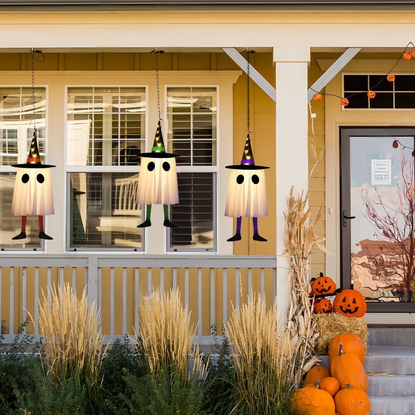 Halloween Party Decorations Lights, Set of 3 Hanging Witch Hat Light Decor, Outdoor Ghost Decor for Yard Porch Tree Window