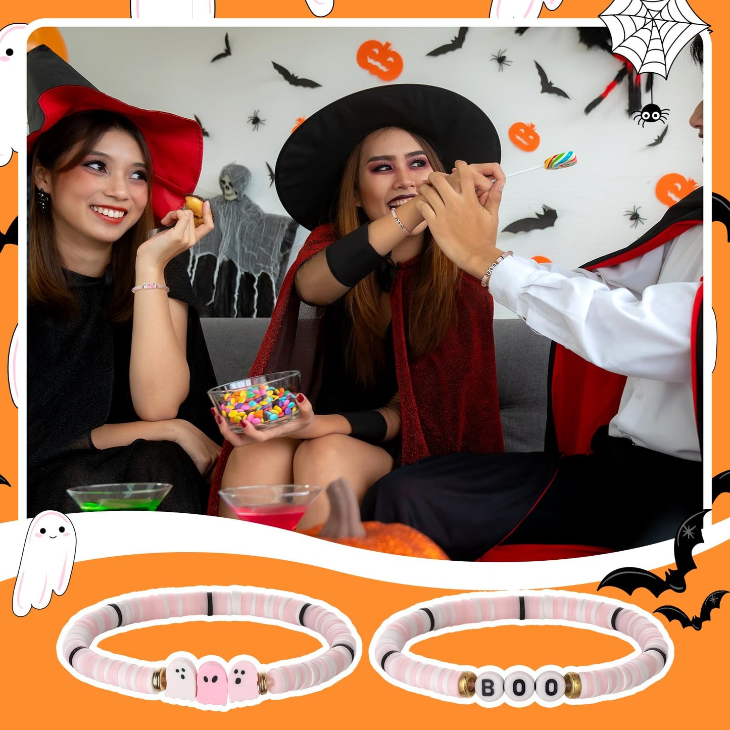 Huquary 48 Pcs Halloween Bracelet Set Party Favors Pink Ghost Boo Clay Bead Bracelets Cute Decorations Clay Ghost Signs for Halloween Gifts for Women Friend Boo Basket Stuffers Goodie Bag Stuffers
