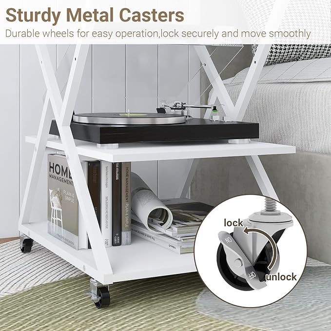 Natwind 3 Tier Printer Stand, 19.7''x19.7'' Large Printer Table with Height Adjustable Shelf, Rolling Printer Cart with Wheels,Multifunctional Organizer Shelf for Home Office Kitchen(White)
