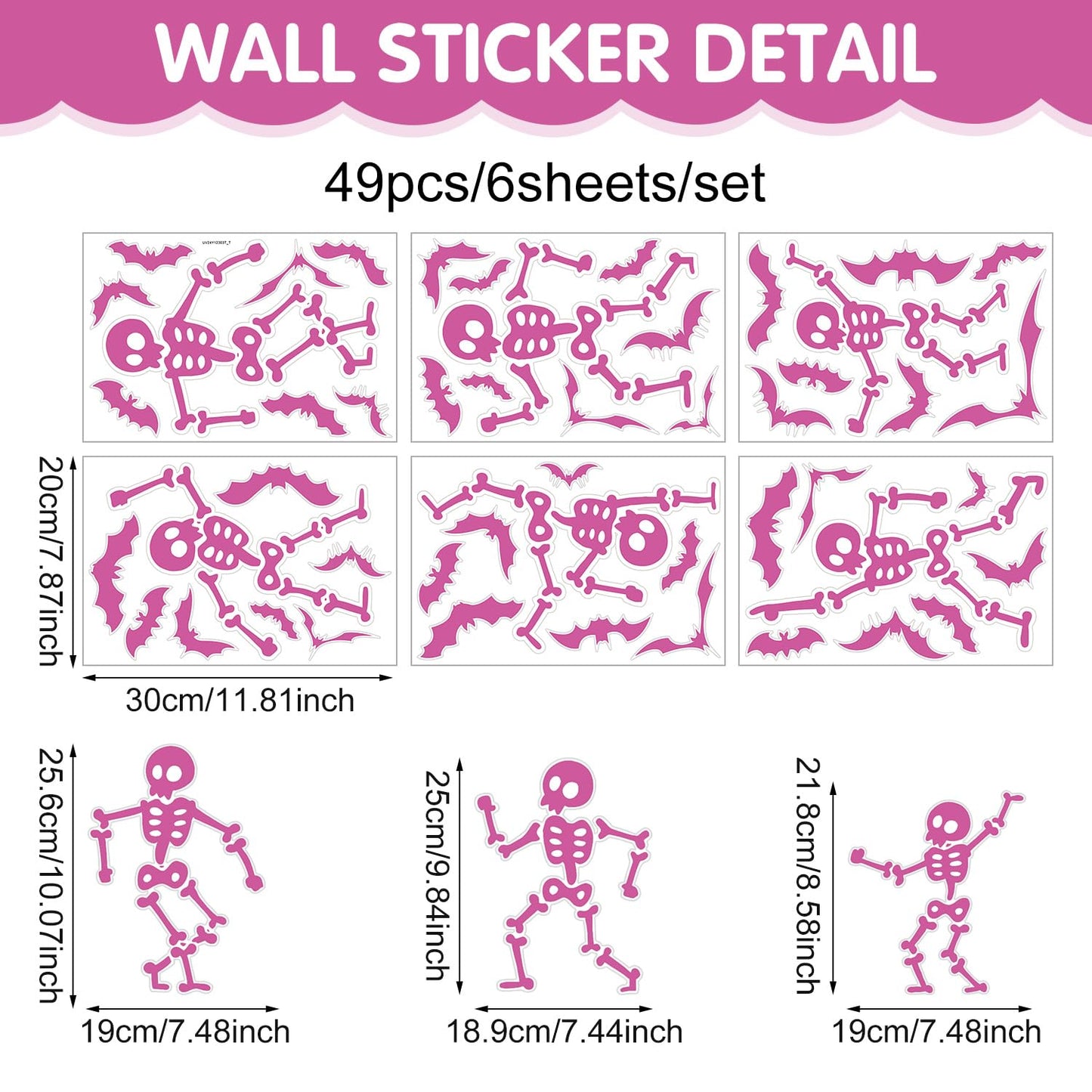 Halloween Wall Decals and Skeleton Window Clings - 6 Sheets 43 Pcs Removable Pink Ghost Bat Wall Stickers for Mirrors, Windows, Home Bedroom Party Decor