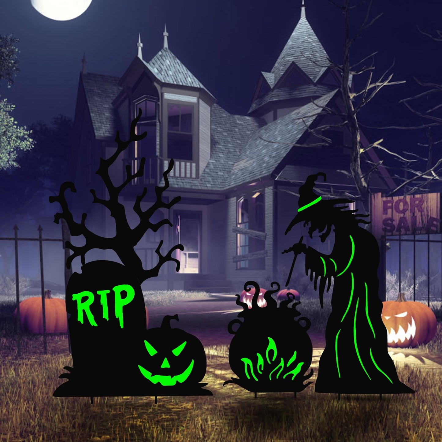 Halloween Yard Signs Outdoor Decorations,3 Pack Warerproof Scary Witch Tombstone Cauldron Fluorescent Metal Stakes Glow in The Dark for Lawn Garden Halloween Decor (Witch Tombstone Cauldron)