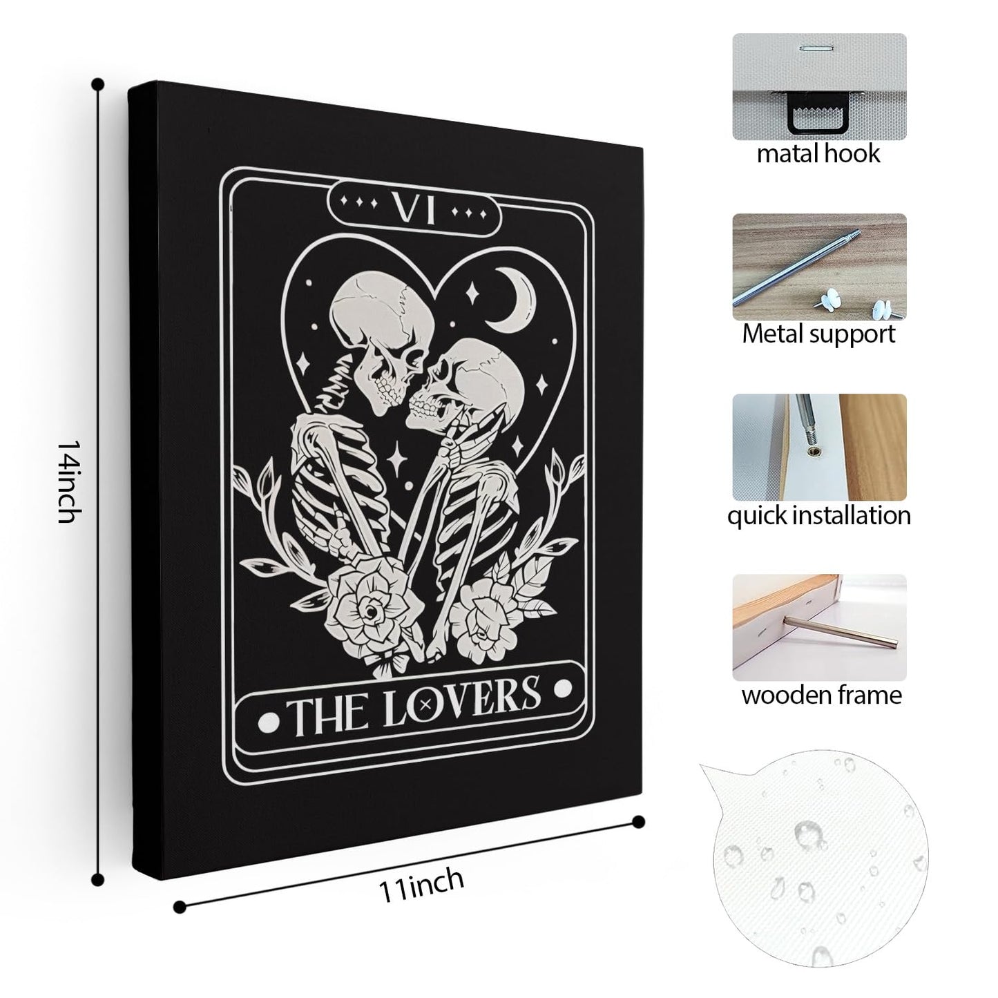 APJYM Gothic Skeleton Wall Decor, Tarot Card the Lover Canvas Wall Art, Gothic Halloween Witchy Room Decor, Witch Stuff, 11x14 Inches Framed