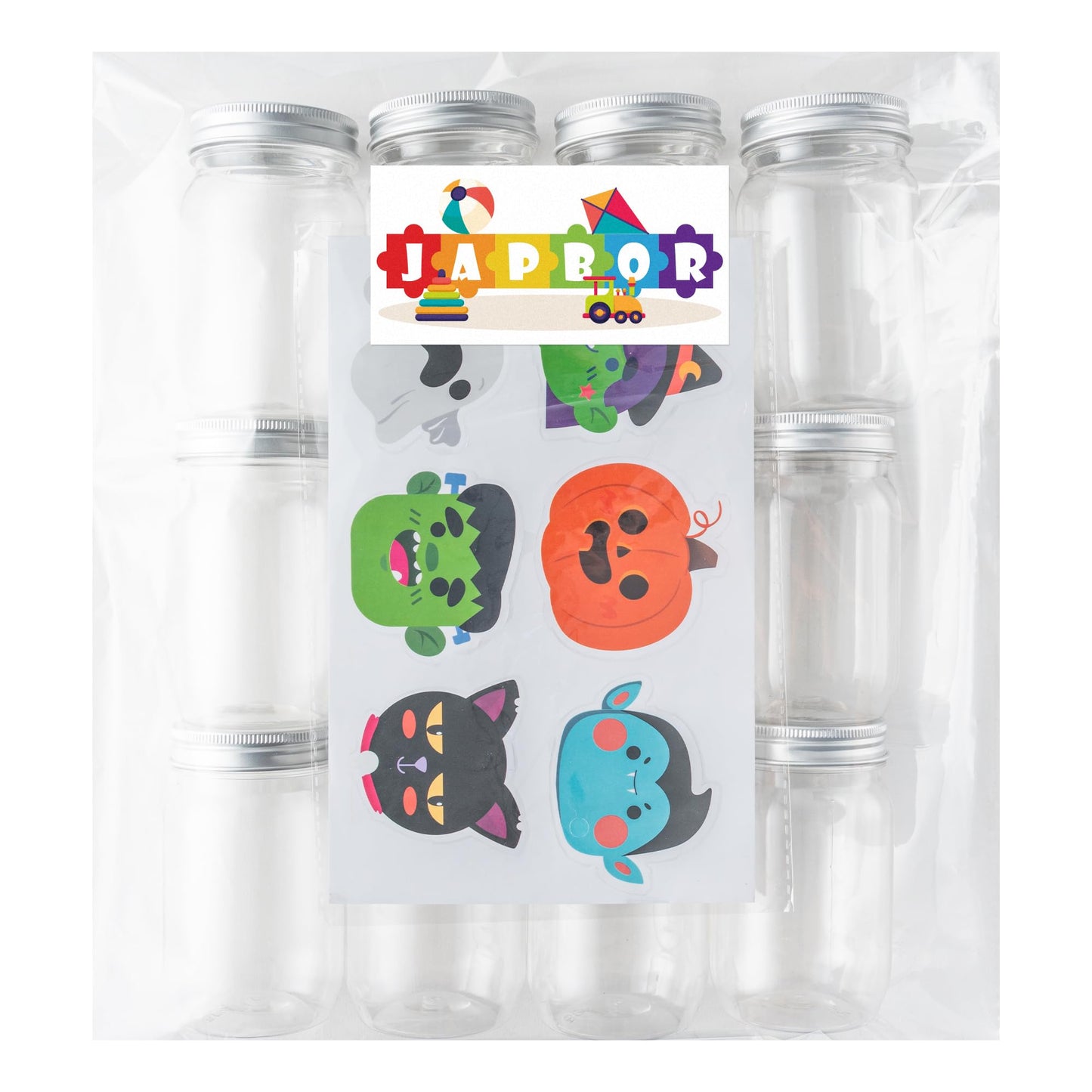 JAPBOR Halloween Candy Jars Containers - 14PCS Halloween Small Plastic Cookie Candy Jar with Lid Pumpkin Ghost Sticker Decoration, DIY Sugar Storage Dish Craft, Party Favor Gift Bottle Decor