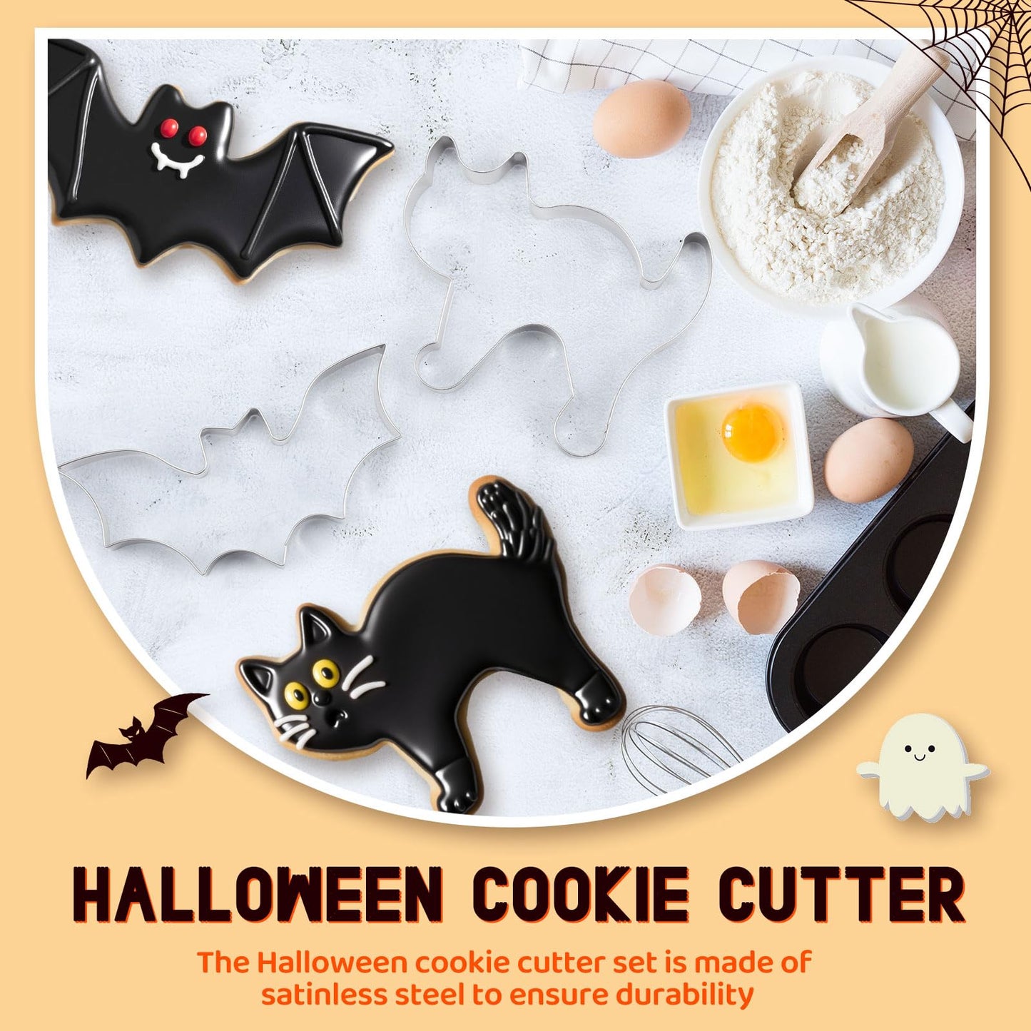 Teenyyou 2 Pcs Extra Large 8" Halloween Cookie Cutters Including Scared Cat and Bat Shaped Stainless Steel Mold Cutters for Halloween Holiday Baking
