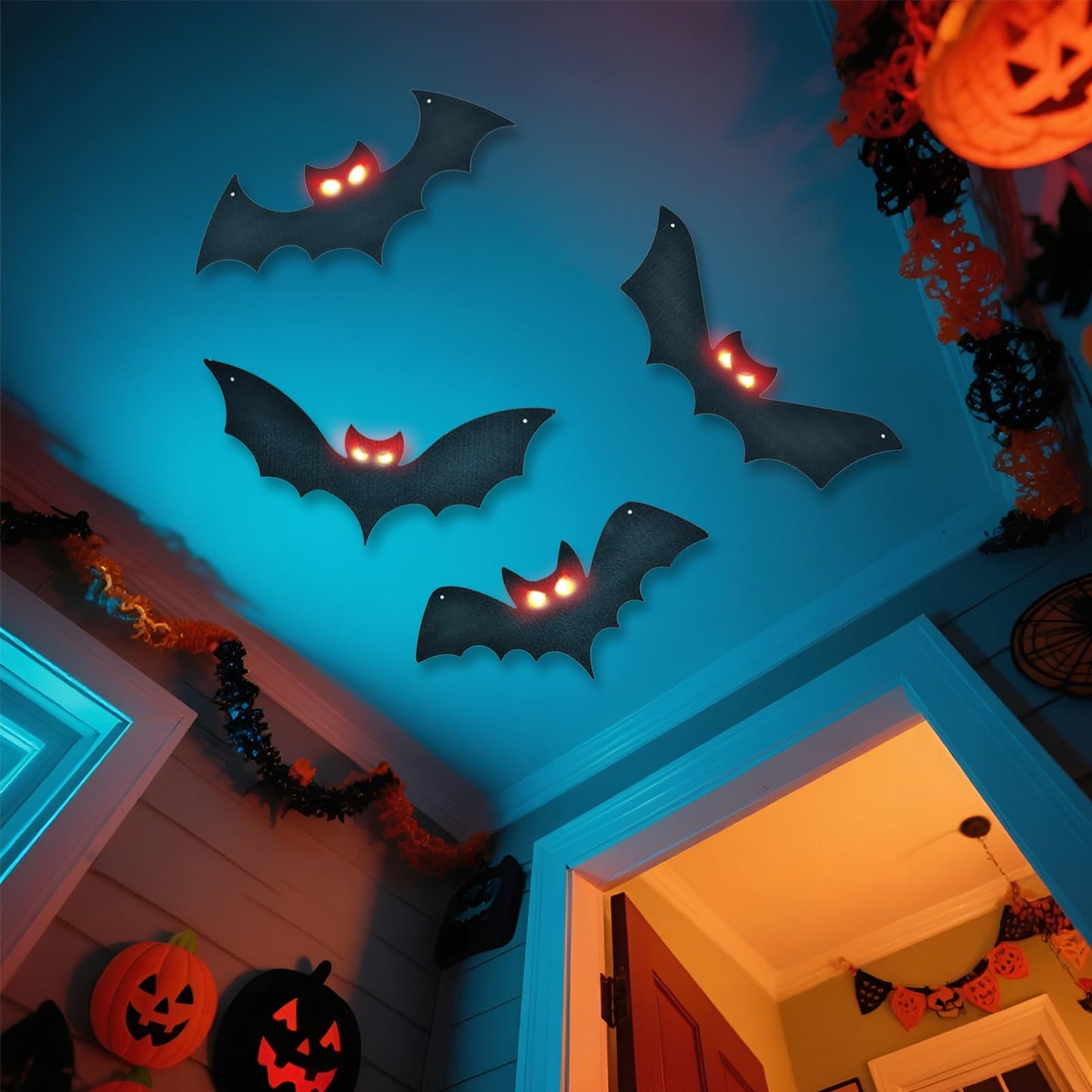 Lighted Halloween Hanging Bats, 4 Packs Halloween Decorations Outdoor Scary Large Black Hanging Flying Bat with LED Lights Spooky Glow Eyes Waterproof for Yard Sign Window Wall Decor Indoor Clearance