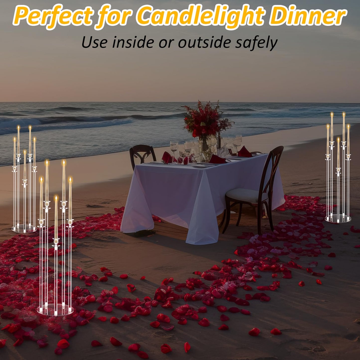 Barydat 4 Set 5 Arms Acrylic Candelabra Centerpieces for Wedding, Clear Candlesticks Holders with 20 LED Candles 2 Remote Timer 22 Rubber Candle Rings for Halloween Christmas Party Dinner Decoration