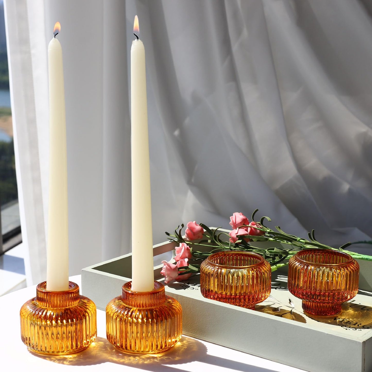 Woho Candlestick Holders Set of 4, Amber Votive Candle Holders for Fall Wedding Table Centerpiece, Ribbed Glass Taper Candle Holders for Dinner Party Halloween Thanksgiving Decor
