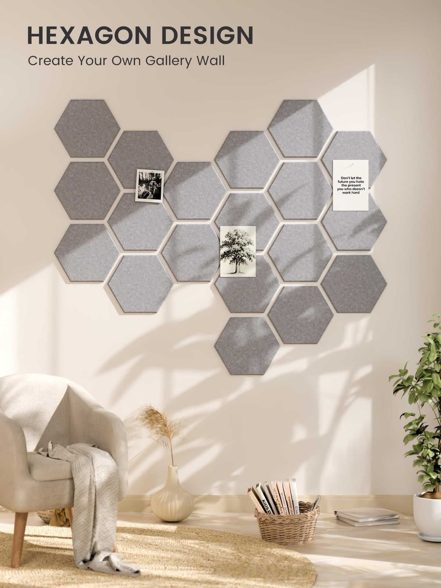 Fluxynara Hexagon Cork Board Alternative for Walls Decor-8-Pack Felt Bulletin Board Tiles,with 30 Pushpins,50 Adhesive Tabs for Office,Classrooms & Home Pin Board Felt Board-Soft Gray