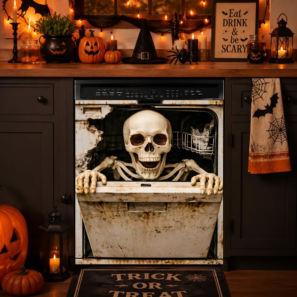 Halloween Skeleton Dishwasher Cover Magnet, 23.03 x 25.59 in Dishwasher Magnetic Cover, Dishwasher Decorative Magnet, Dishwasher Magnet Cover for Kitchen Decor