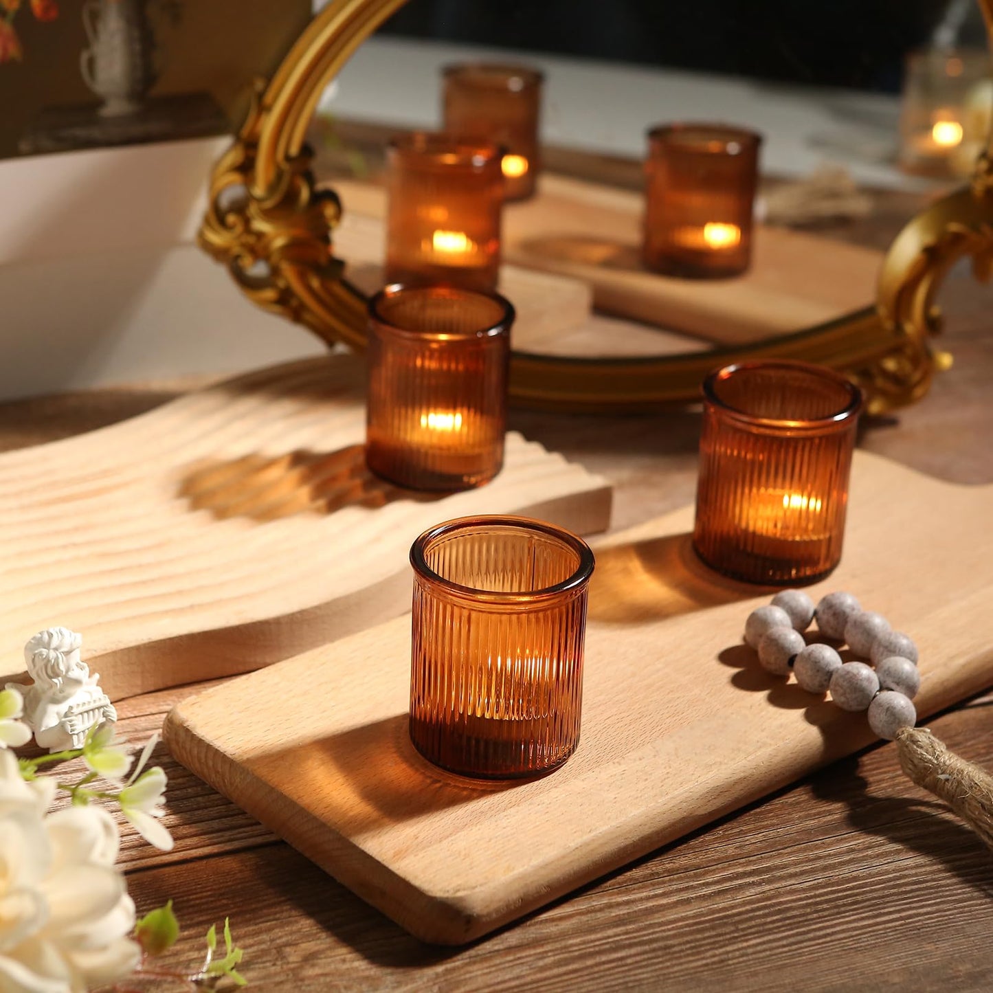 36pcs Amber Votive Candle Holders, Ribbed Glass Tea Light Candle Holder, Candle Votives for Wedding Centerpiece & Home Decor
