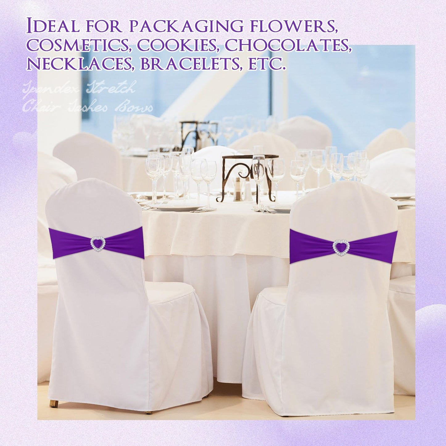 VitalCozy 100 Pcs Spandex Chair Sashes with Heart Shaped Buckle Slider Stretch Chair Cover Band Universal Elastic Ties for Wedding Banquet Event Party Decoration(Purple)