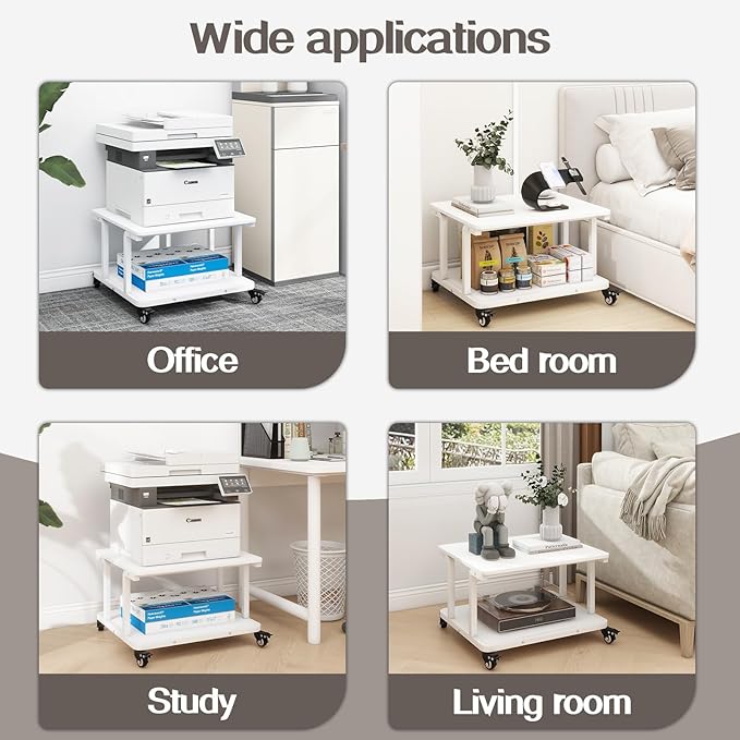 Natwind 2 Tier Laser Printer Stand,24''x20''x15'' Large Printer Table Copier Stand Under Desk,Heavy Duty Rolling Cart with Paper Storage Shelf,Printer Holder on Wheels for Home Office (White)