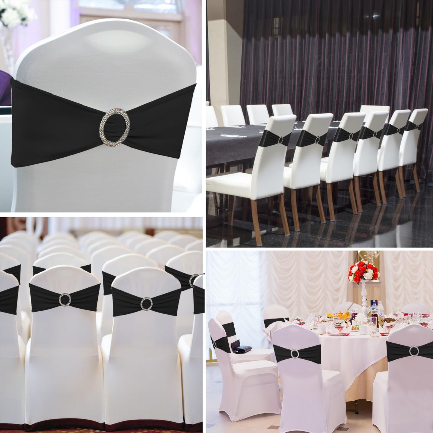 150 Pack Spandex Stretch Chair Sashes Bows, Elastic Stretch Chair Cover Bands Ties with Buckle Slider for Wedding Party Ceremony Reception Event Banquet Decoration (Black)